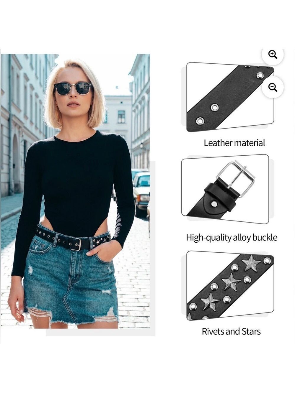 Black Leather Star Studded Belt Unisex Silver Rivet Waist Belt